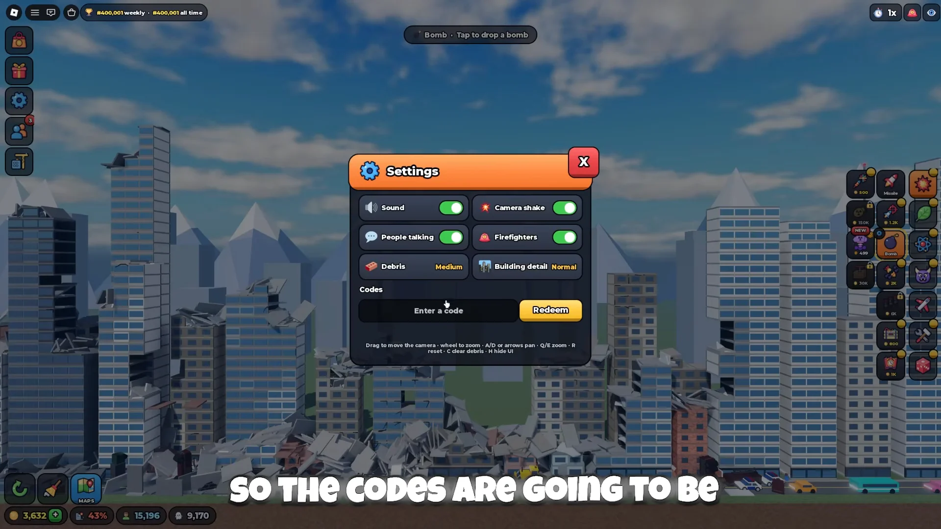 The Settings panel with the Codes box