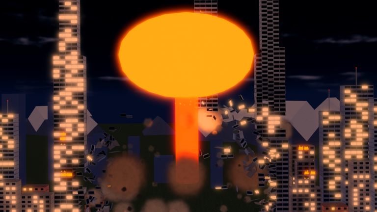 Night City skyline lit by neon windows with an explosion in the distance