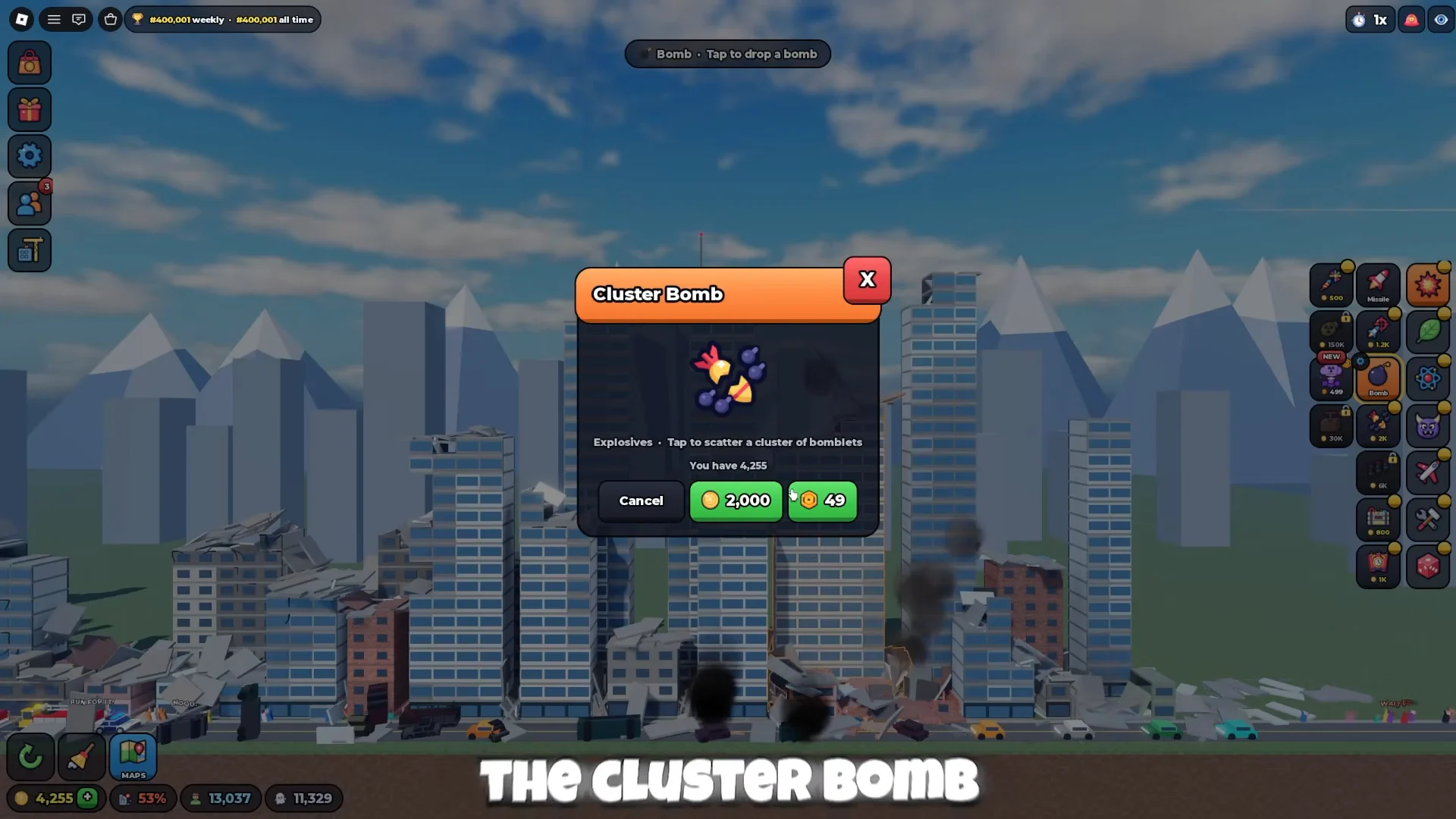 The Cluster Bomb purchase frame with Coins and Robux buttons